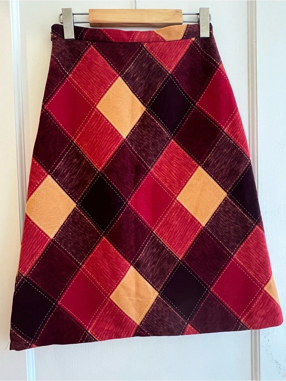 Vintage 60s Cotton Patchwork Print A-Line Skirt in Red & Brown